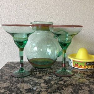 Margarita green rainbow glass pitcher and two glasses / NEW